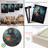 Altın Çerçeveli Süpürge İle Uçan Cadı ve Kabağı Cadılar Bayramı Helloven Duvar Tablosu