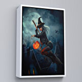 Kahverengi Çerçeveli Süpürge İle Uçan Cadı ve Kabağı Cadılar Bayramı Helloven Duvar Tablosu