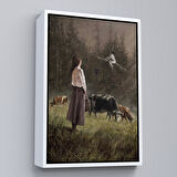 Beyaz Çerçeveli Süpürgeli Cadıya Özenen Kız Dekoratif Duvar Tablosu