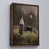 Beyaz Çerçeveli Süpürgeli Cadıya Özenen Kız Dekoratif Duvar Tablosu