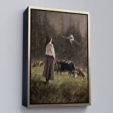 Beyaz Çerçeveli Süpürgeli Cadıya Özenen Kız Dekoratif Duvar Tablosu