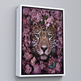 Kahverengi Çerçeveli Pembe Çiçekler Arasında Vahşi Leopar Dekoratif Duvar Tablosu