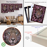 Kahverengi Çerçeveli Pembe Çiçekler Arasında Vahşi Leopar Dekoratif Duvar Tablosu