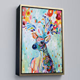 Kahverengi Çerçeveli Renkli Çiçek Detaylı Geyik Dekoratif Duvar Tablosu