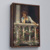 Beyaz Çerçeveli Çiçekli Balkonda Sevgilisini Bekleyen Güzel Kadın Tablosu