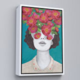 Beyaz Çerçeveli Çiçekler Saçan Optimist Kadın Tablosu