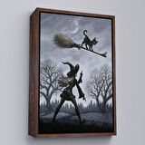 Siyah Çerçeveli Cadı Süpürgesi ile Uçan Kara Kedi Tablosu, Witches Halloween
