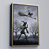 Siyah Çerçeveli Cadı Süpürgesi ile Uçan Kara Kedi Tablosu, Witches Halloween