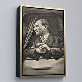 Kahverengi Çerçeveli Mustafa Kemal Atatürk'ün Karakalem Görünümlü Portre Çizimi Dikdörtgen Dekoratif Kanvas Tablo