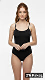 Kadın 2'li ince Askılı Kancalı Çıtçıtlı Zıbın Pamuklu Likralı Body Atlet