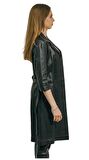 Yarım Kollu Siyah Hakiki Deri Düğmeli Elbise Trençkot Diana