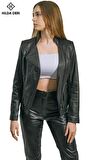 Love Mıknatıs Yaka Detaylı Siyah Hakiki Deri Kadın Ceket 