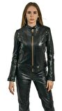 Viky Siyah Hakiki Deri Altın Renk Aksesuarlı Kadın Ceketi