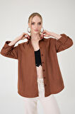 Tek Cepli Oversize Keten Gömlek- Kahverengi