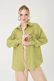 Tek Cepli Oversize Keten Gömlek- Yağ Yeşil