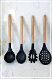 Bambu Saplı Silikon Kaşık & Kepçe & Kevgir & Spagetti 4'lü Set - Siyah