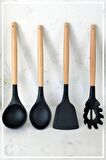 Bambu Saplı Silikon Kaşık & Kepçe & Spatula & Spagetti 4'lü Set-Siyah