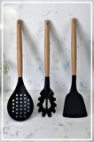 Bambu Saplı Silikon Spatula Kevgir Spagetti - Siyah