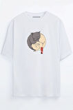 Ying Yang Kedi Baskılı Unisex Beyaz Oversize T-shirt | S/M