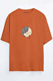 Ying Yang Kedi Baskılı Unisex Turuncu Oversize T-shirt | S/M