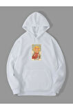 3 İplik Holy Cat Baskılı Beyaz Kanguru Cepli Kapüşonlu Sweatshirt Hoodie | S