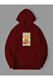3 İplik Holy Cat Baskılı Kırmızı Kanguru Cepli Kapüşonlu Sweatshirt Hoodie | L