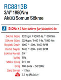 ROTAKE Akülü 3/4 - 1980Nm 20 Volt 5 Amper Kömürsüz Motor Darbeli Somun Sökme Sıkma Makinesi Tabancası (RC8813B )