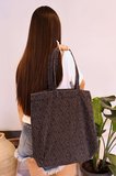 Desenli Yıkamalı Denim Kadın Çantası, Geniş Hacimli, Desenli El ve Omuz Bez Çanta Shopper
