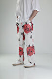 Beyaz Chinese Desenli Baggy Pantolon