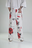 Beyaz Chinese Desenli Baggy Pantolon