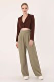	Kadın Haki Çift Düğmeli Keten Palazzo Pantolon