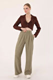 	Kadın Haki Çift Düğmeli Keten Palazzo Pantolon