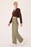 	Kadın Haki Çift Düğmeli Keten Palazzo Pantolon
