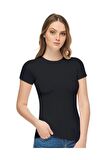 Kadın Siyah Sıfır Yaka Likralı Kısa Kol T-shirt 2'li