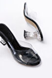 Siyah Rugan Şeffaf Bantlı Şeffaf Topuklu Yuvarlak Burunlu Kadın Terlik