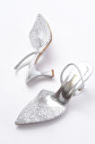 Gümüş Günlük Arkası Açık Taşlı Topuklu Kadın Ayakkabı