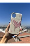 İphone XS Max Uyumlu Pembe Kelebek Tasarımlı Telefon Kılıfı - Krem