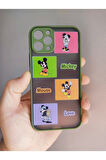 Iphone 12 Pro Uyumlu Kamera Mickey Mouse Tuşları Renkli Telefon Boyun Askılı Set Yeşil Kılıf