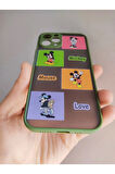 Iphone 12 Pro Uyumlu Kamera Mickey Mouse Tuşları Renkli Telefon Boyun Askılı Set Yeşil Kılıf