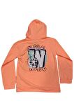 Kız Çocuk Flower Yazı Desenli Sırtı Baskılı Kanguru Cepli Kapüşonlu Fosfor Turuncu Sweatshirt