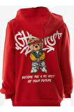 Erkek Çocuk /Kız Çocuk Önü Yazı Sırtı Ayıcık Desenli Kapüşonlu Kırmızı Sweatshirt