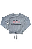 Kız Çocuk Önü Style Yazı Desenli Beli Bağlamalı Gri Renk Sweatshirt