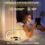 Çok İşlevli LED Işıklı Masa Lambası Gece Hızlı Kablosuz Şarj Pad Standı Saat 