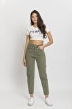 Mercan Yüksek Bel Haki Kadın Mom Jean