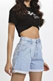 Ice Kot Önü Pileli Yüksek Bel Jean Şort