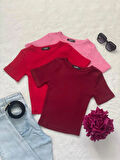 Wearflawless Kadın 3 Lü Adet Fitilli Pamuklu Bisiklet Yaka Örme Kaşkorse Crop T-shirt