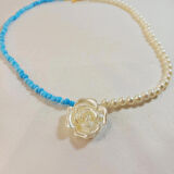 Turkuaz Kadın İnci Choker Boncuk Çiçek Choker Kolye Gül Kolye