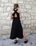 Modavera Kadın Arkadan çapraz Detay Yuvarlak Yaka Maksi Viskon Elbise