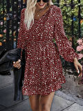 Modavera Kadın Uzun Kollu V Yaka Bağcıklı Belden Gipeli çiçek Baskılı Kısa Süprem Elbise