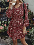 Modavera Kadın Uzun Kollu V Yaka Bağcıklı Belden Gipeli çiçek Baskılı Kısa Süprem Elbise
